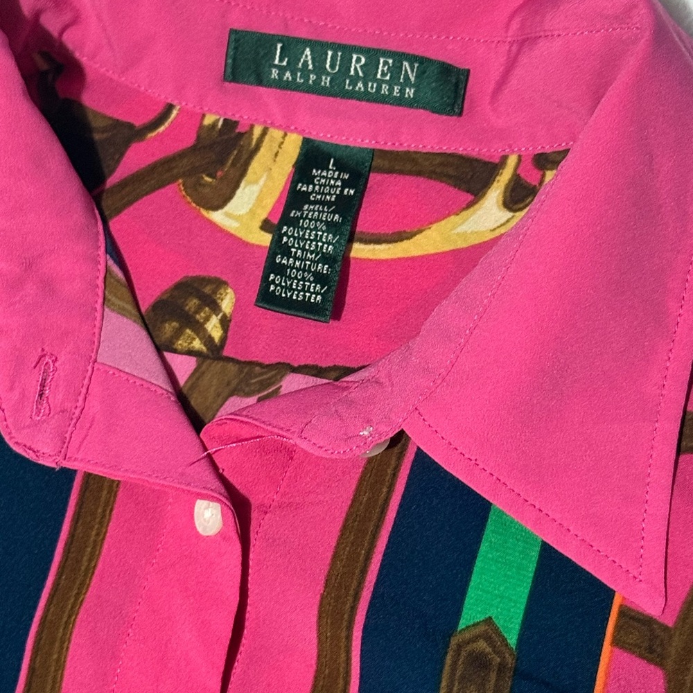 Ralph Lauren Rare Pink equestrian Horse Bit Stirrup Beautiful Luxury Blouse - Picture 2 of 3